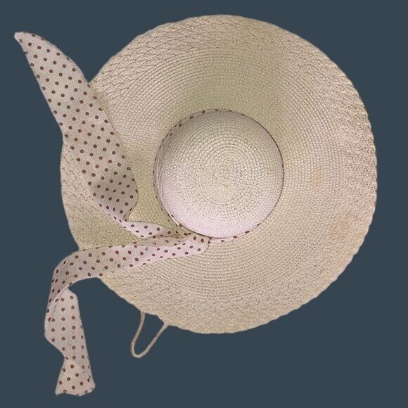 Paper Straw Hat Floppy Wide Brim Color Beige W/ Beautiful Polka Dotted Ribbon - Picture 1 of 6